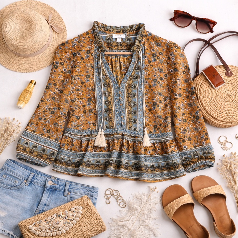 Current Air Boho Folk Floral Ruffle Neck Peasant Blouse Medium Tiered Hem - Picture 15 of 15